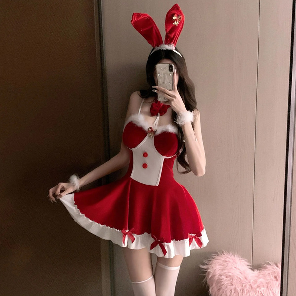 Cute bunny lingerie dress - sexy backless christmas costume & new year sleepwear outfit featuring red and white colors with b...