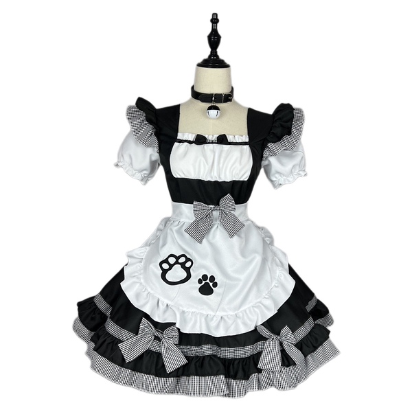 Cute maid costume dress featuring cat ears, black and white checkered design, ruffled skirt, and bow accents. plus size lolit...