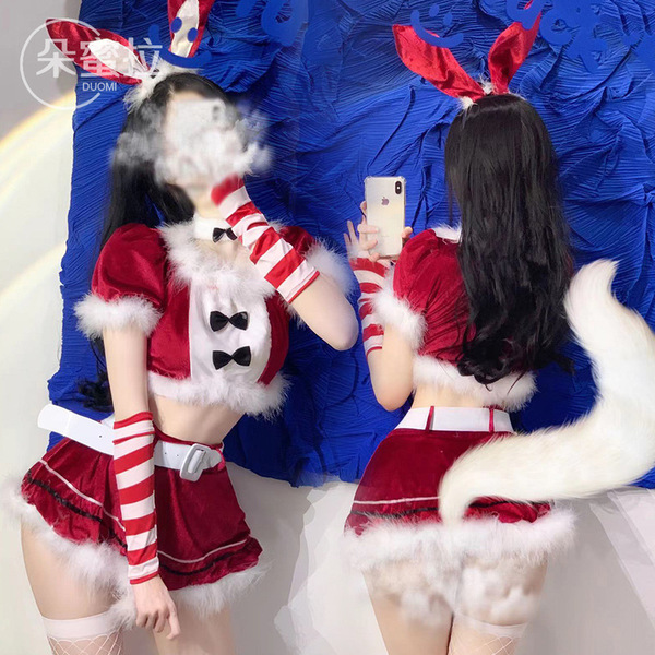 Domila christmas bunny girl lingerie set - festive holiday costume with bunny ears, tail, and striped gloves for new year out...