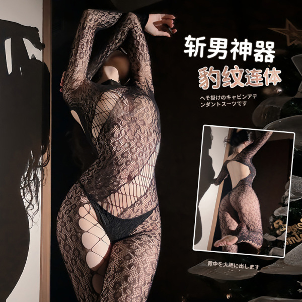 Model wearing domoila sheer leopard bodysuit with backless lace-up design and irregular mesh pattern.