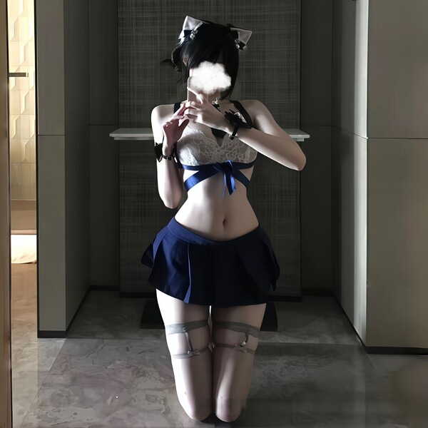 A person wearing a cute jk uniform, featuring a white lace bra with blue ribbon accents and a navy mini pleated skirt. the ou...