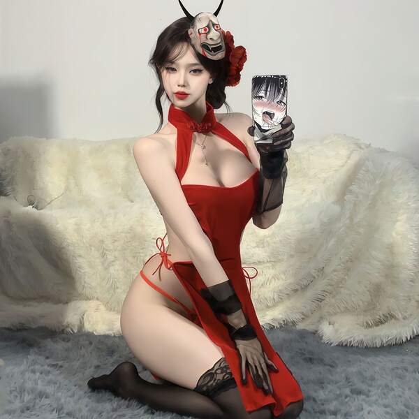 A woman poses with a mask, wearing a red silk velvet high-slit cheongsam lingerie set. the outfit features a halter neck desi...