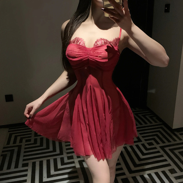 Elegant sheer lace sleep dress with delicate ruching and flowing skirt, perfect for small bust women seeking premium mesh cam...