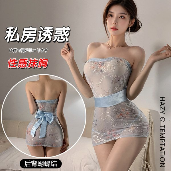 Sexy lace-up cheongsam mini dress with floral embroidery, perfect for women seeking allure and elegance.