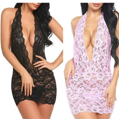 European & american sexy lace nightgown for women – v-neck halter backless slip dress with stretchy floral embroidery