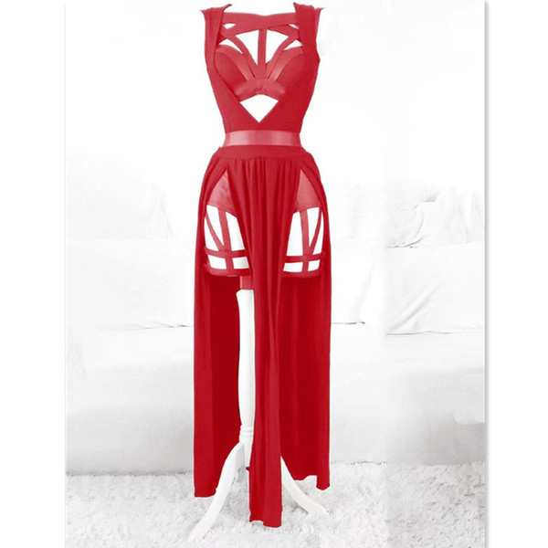 Elegant red bodysuit with lace detailing and sheer mesh skirt, featuring built-in pads for an erotic lingerie set.