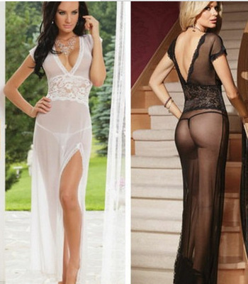 European-style sheer lingerie set featuring a sexy transparent mesh sleep dress in white, medium size, with elegant lace deta...