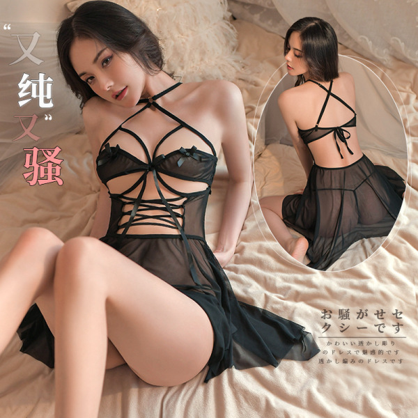 Woman wearing fan lei original sexy lingerie sleep dress – a sheer black halter mini nightgown with lace-up front and flowing...