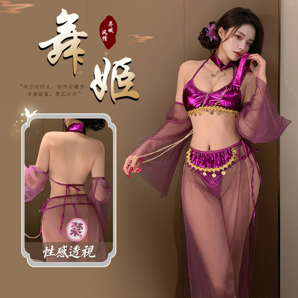 Fantasy ethno-chic lingerie set featuring vintage silk-feel palace dunhuang design, with sheer bodysuit, bra, and pants, perf...