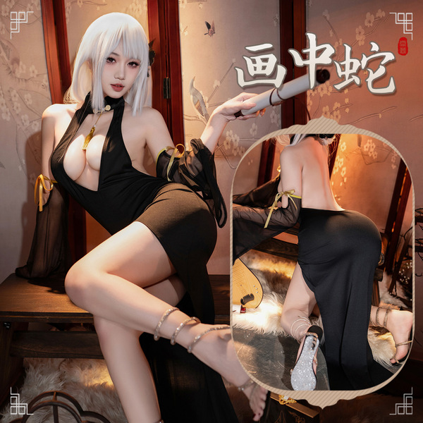 Feimu Halloween Lingerie Dress - Deep V-Neck Cheongsam Style Sensual Sleepwear for Women