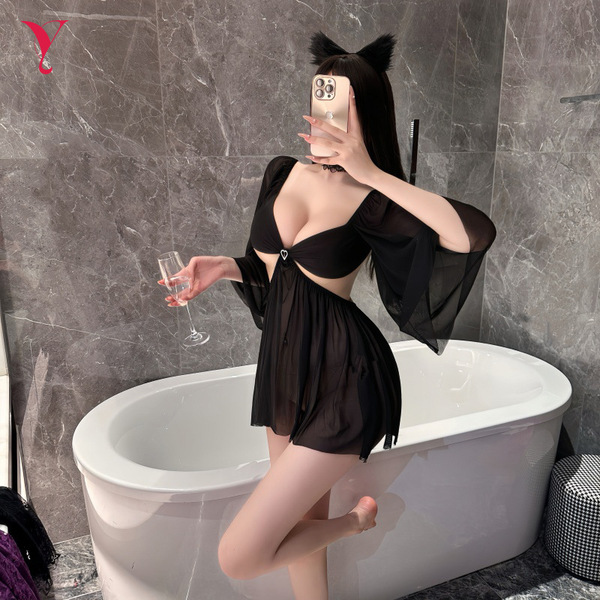 Feiniao moon gaze sheer lace seductive sleep dress with open crotch - sexy lingerie nightwear, stylish black design, sheer fa...