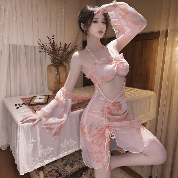 Woman wearing floral moonlight sensual transparent backless chemise with side slit, sheer sleep dress lingerie.