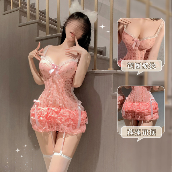 Woman modeling pink french-style lace corset top with bow backless bralette, push-up cups, and cherry cake dress details.