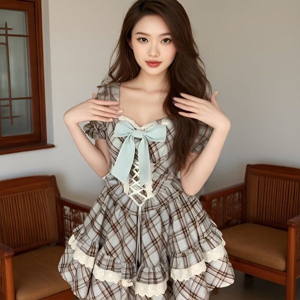 French Retro Square-Neck Puff Sleeve Dress - Sweet Summer Plaid Princess Dress with Bow Detail