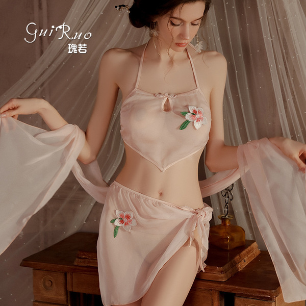 Glorious Sensual Summer Lingerie Set – Sheer Hanfu-Inspired Bodysuit, Shorts & Shawl Outfit