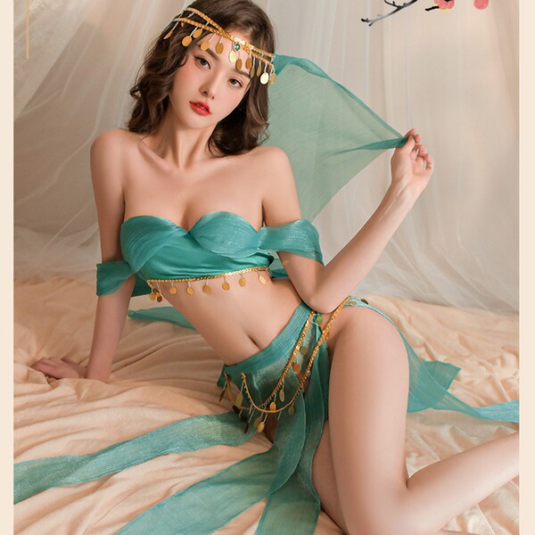 Vintage-inspired green silk belly dance costume with flowing fabric and gold accents, perfect for cosplay and performances.