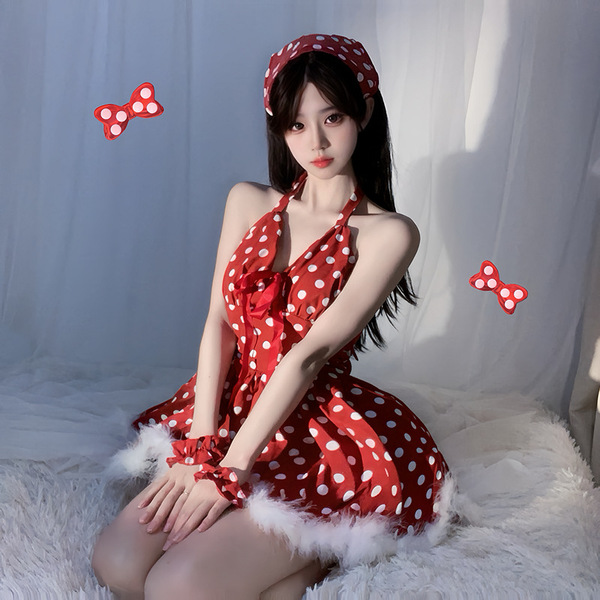 Guiyun Lingerie Sleep Dress - French Chic Polka Dot Babydoll Nightgown with Scallop Trim & Halter Neck