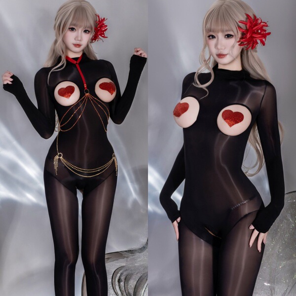 Sexy sheer bodysuit with heart designs, ultra-thin fishnet tights, open-crotch style, seamless chest cutout, glossy finish.