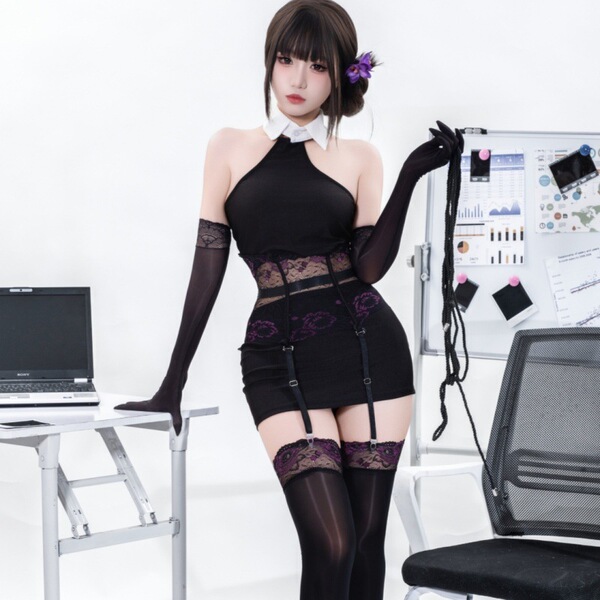 Sexy outfit featuring guoyun aurora shiny silk stockings with lace, paired with a black dress and garter belt set, perfect fo...