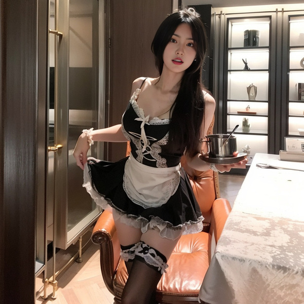 A woman poses in a maid outfit holding a pot, featuring black and white colors with lace details, perfect for evening wear or...