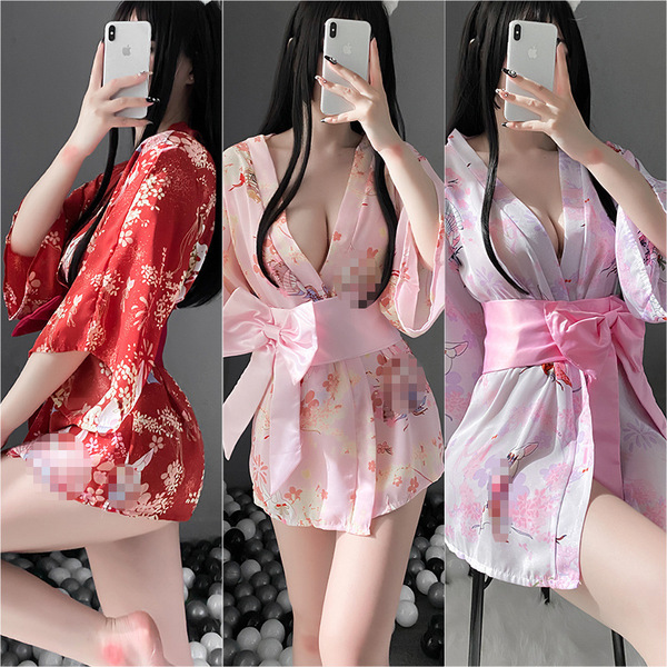 Japanese-style bunny kimono lingerie set – summer trendy playful outfit for adults featuring floral prints and silky fabric, ...