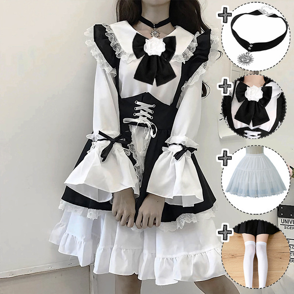 Japanese cute anime maid dress - soft girly lolita dress featuring lace details, a black bow, and ruffled layers. perfect for...