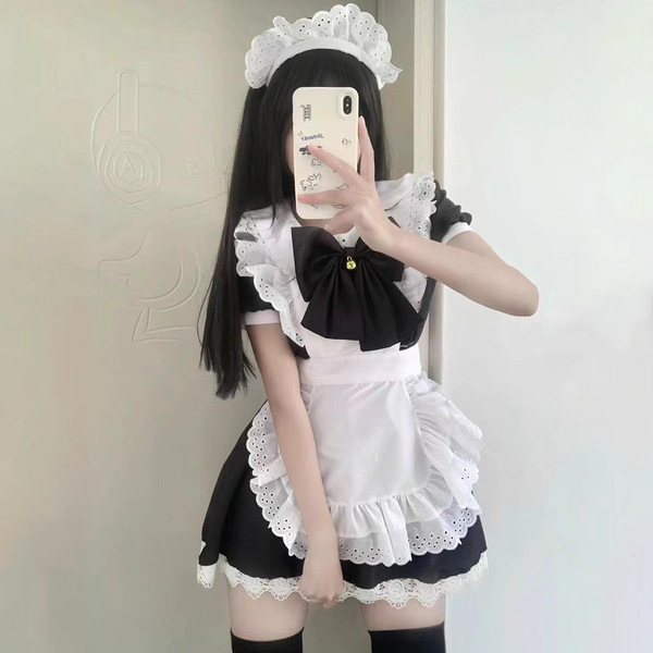 Japanese cute lolita bunny girl cosplay dress - black & white maid outfit with ruffled skirt