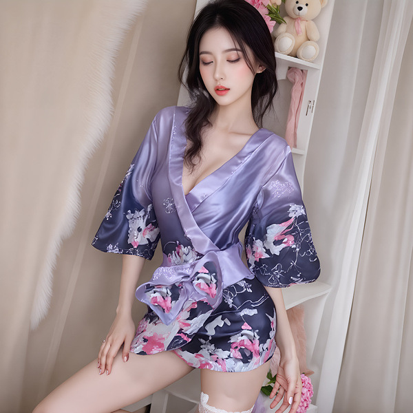 A woman wears a purple japanese kimono cosplay outfit, featuring floral patterns and a silky texture, perfect for roleplay an...