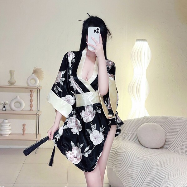 Japanese Kimono Lingerie Set for Women - Flirty Playful Costume with Floral Print & Dramatic Sleeves