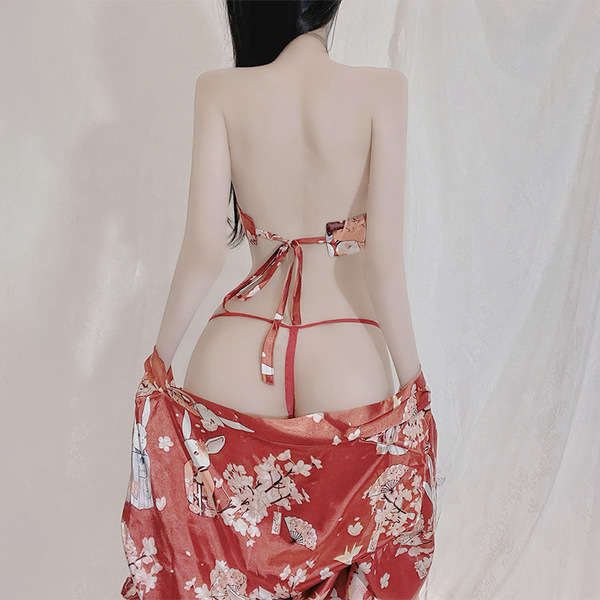 Japanese-style sexy deep v lingerie set - seductive kimono-inspired bedroom outfit featuring floral patterns and delicate tie...
