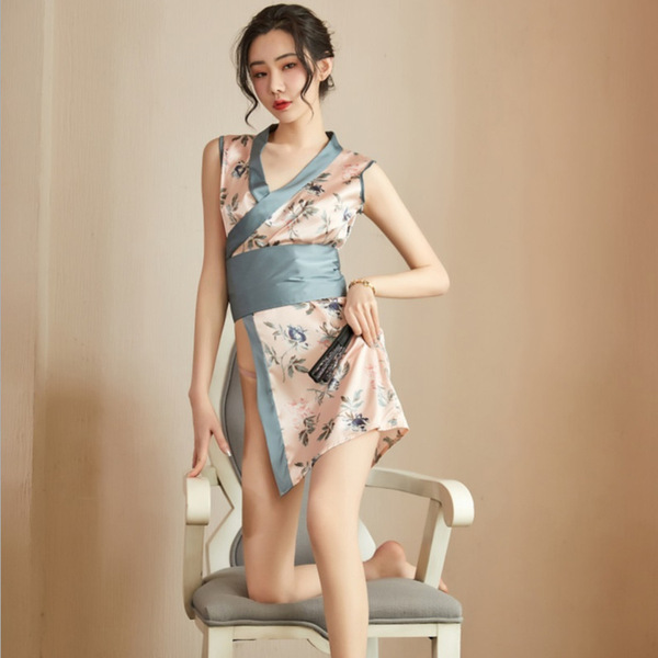 A woman poses elegantly in a japanese-style sexy lingerie kimono set, featuring floral patterns and soft fabric, perfect for ...