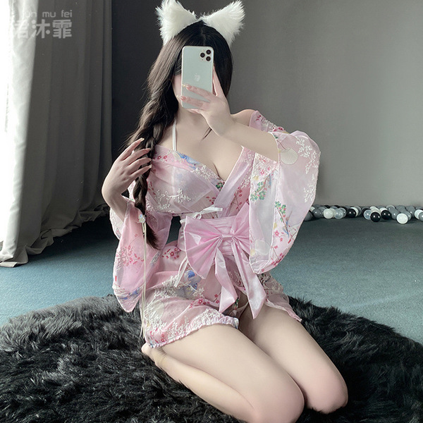 Japanese-Style Sexy Lingerie Set for Plus Size Women – Seductive Kimono Sleepwear, No-Remove Bedroom Outfit