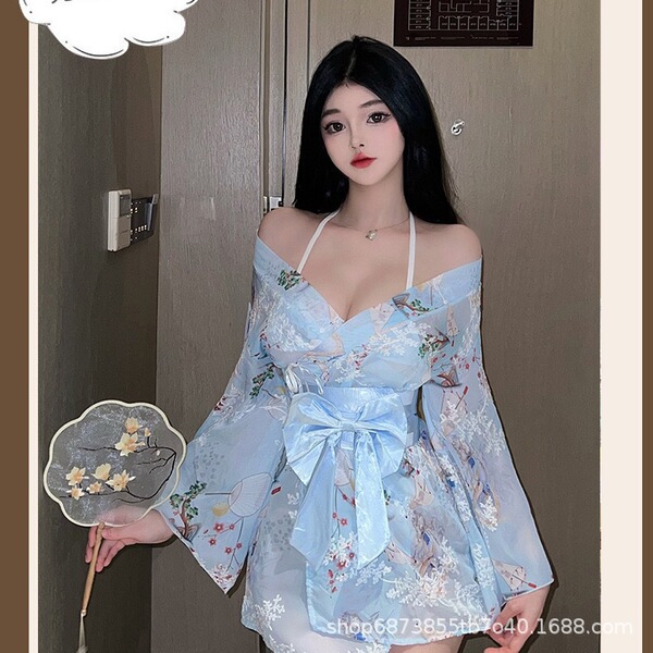 Japanese-style sheer lace bathrobe set featuring sweet sakura design, delicate bow detail, perfect for sweet and sexy nightwe...