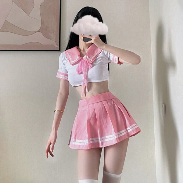 Jk uniform set for women - cute sailor style school outfit with pink pleated skirt, airline hostess inspired costume