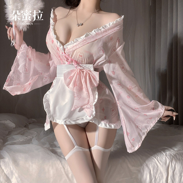 Kawaii bunny maid costume - japanese-style sexy sleep robe with bow & rabbit print, cute & alluring lingerie set
