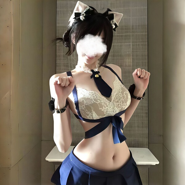 Woman modeling kouni sexy lace bodysuit with skirt, a cute jk-style sleepwear set featuring removable bra and ultra-short ski...