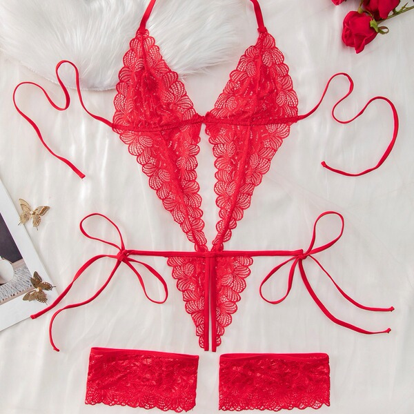 Lace sheer bodysuit for women - sexy european-american style erotic lingerie, full-body transparent design with heart pattern...