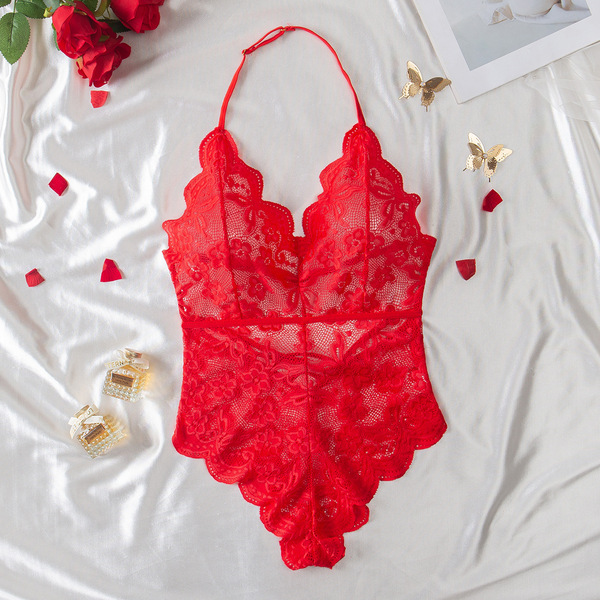 Red lace sheer bodysuit with intricate floral patterns, perfect for women seeking sexy full-lace erotic lingerie. european an...