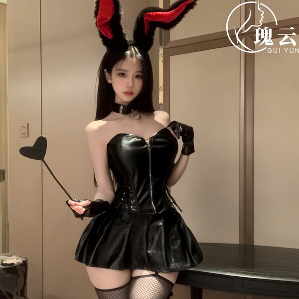 Genuine Leather Corset Set-Sexy Europe and America-Style Zippered Latex-Look Role Play Outfit for Women