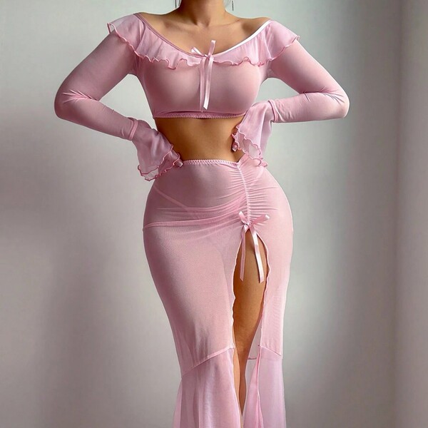 European fashion sheer mesh lotus off-shoulder long sleeve split bodycon lingerie set featuring ruffled details and elegant b...