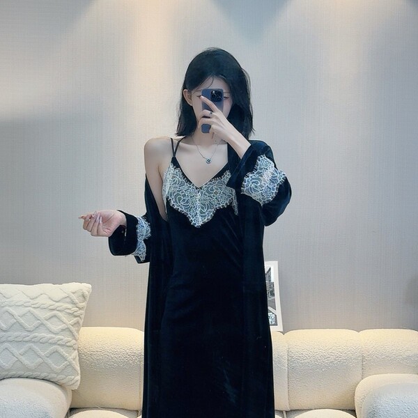 Lace Gold Velvet Embroidered Long Sleep Dress with Backless Design & Tie Belt Robe Set for Women