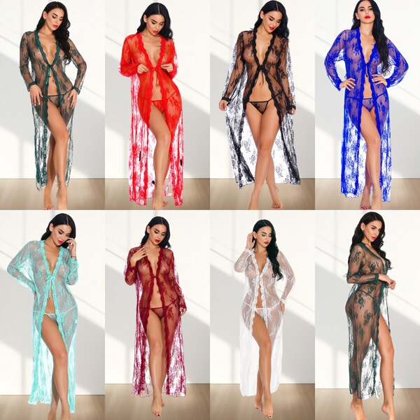 Plus size sheer lace robe set with matching thong - sexy long sleepwear for women, elegant intimate apparel in various colors