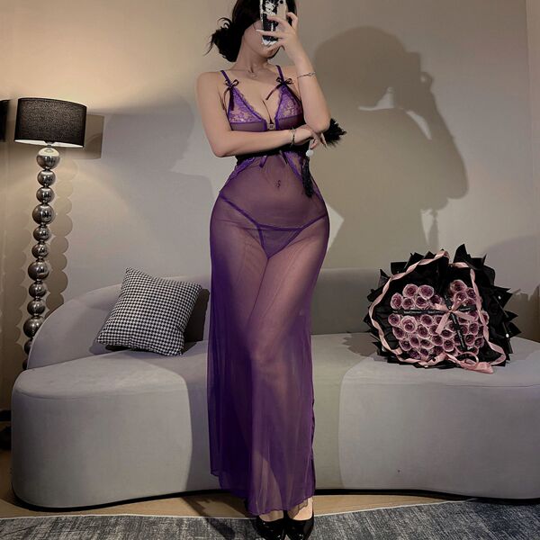 Seductive Sheer Lace Lingerie Set - Sexy Mesh Bodysuit & Long Skirt Outfit for Women