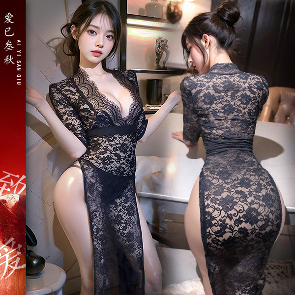 Sexy secretary costume for women - modest yet alluring role play outfit with deep v-neck & side slit long dress