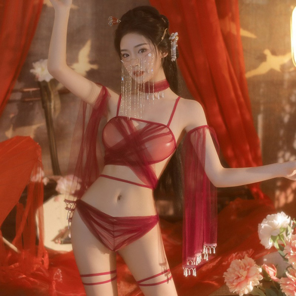 Manny Qing Ancient Chinese Red Sheer Lace Bralette Set - Sensual Hanfu-Inspired Sleepwear for Women