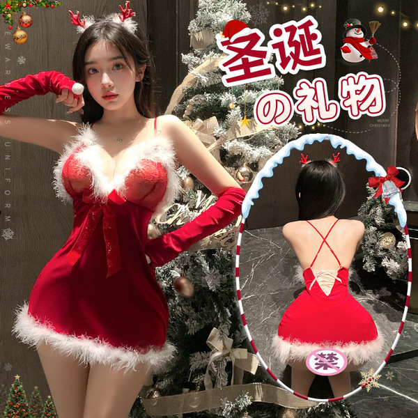 Sexy christmas lingerie set featuring plush velvet halter nightdress and short skirt costume, perfect for festive occasions.