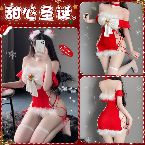 Mannyan new year sexy lingerie set - red strapless bodysuit & bodycon nightdress christmas costume outfit featuring festive d...