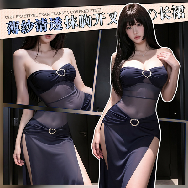 Woman modeling mannye qing sensual lingerie dress with sheer mesh, deep side slit, and plunge bustier design.