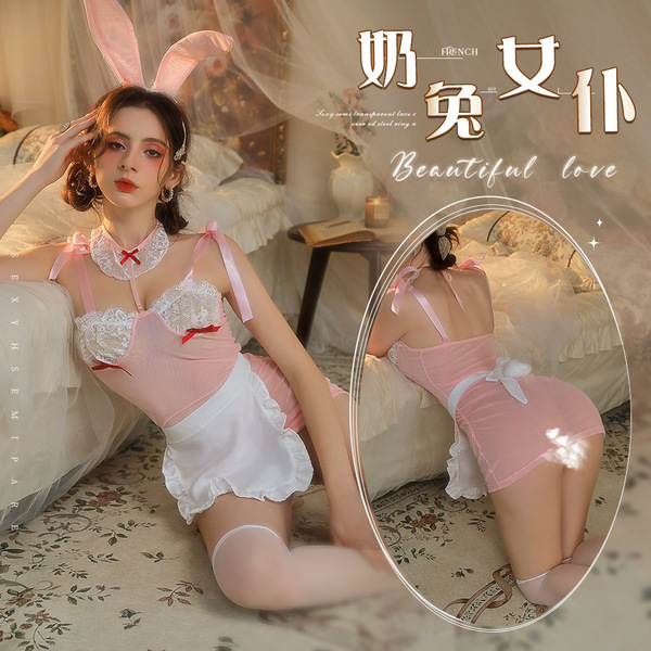 Sexy lace sheer costume with bunny ears, perfect for women seeking allure and charm in their sleepwear.