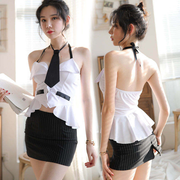 Mannyqing secretarial costume set featuring a strapless tie blouse with ruffles, paired with a backless striped mini skirt, p...
